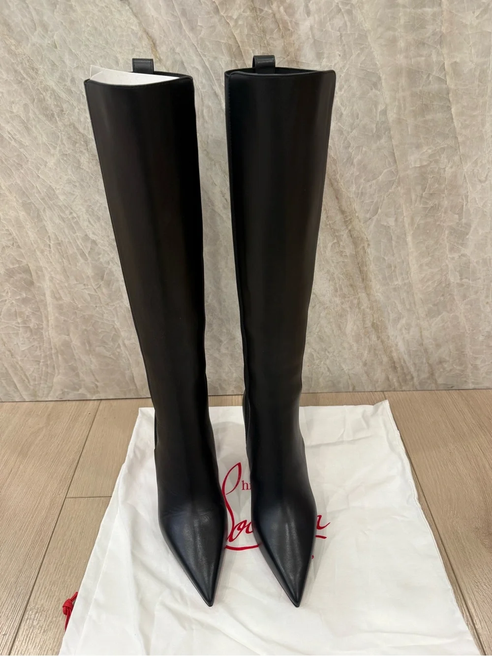 Christian Louboutin Black Over-the-Knee Pointed-Toe Stiletto Boots with Red Sole